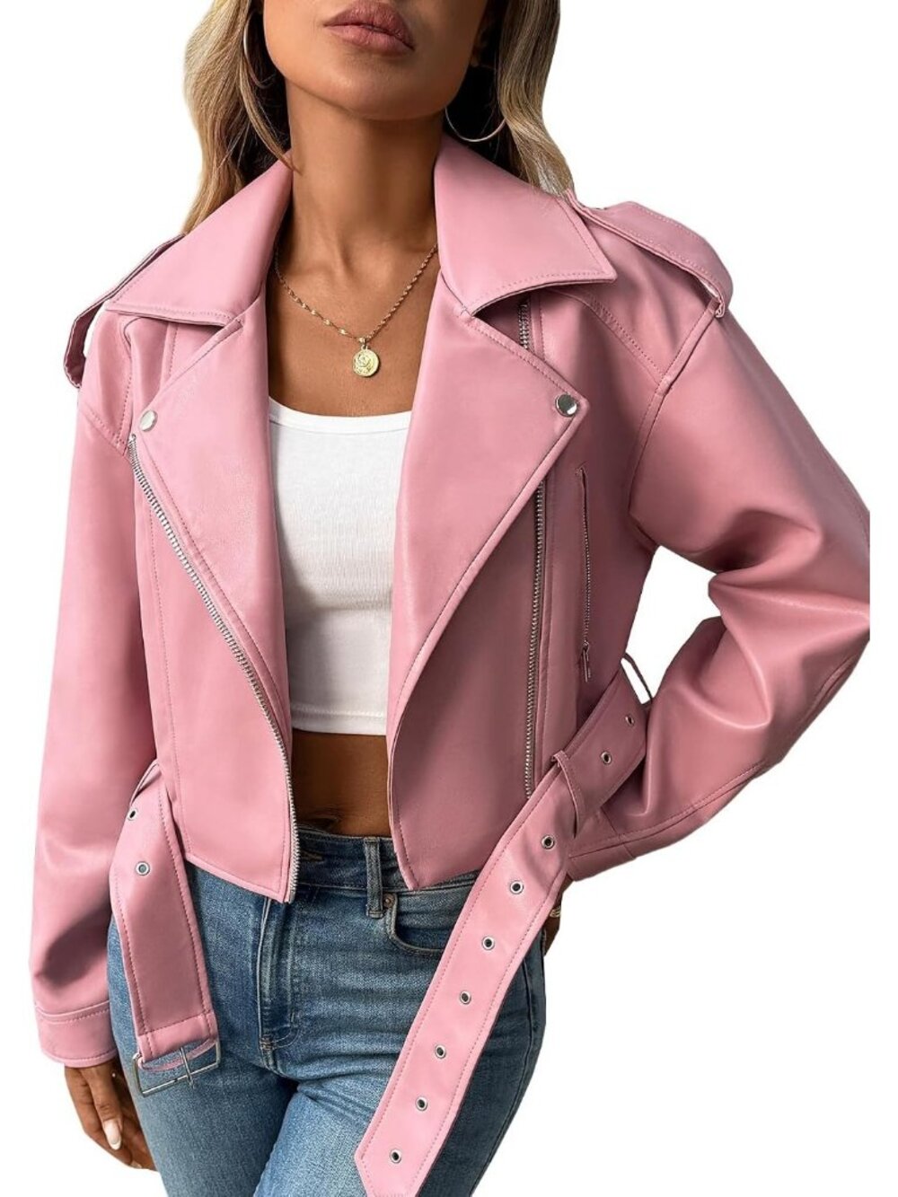 Women's Hot Pink Faux Leather Minimalist Zip Up Cropped Belted Moto Biker Jacket